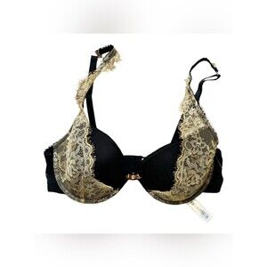 Loungerie Black & Gold Lace Underwire Bra - Elegant Women's Intimates 46D